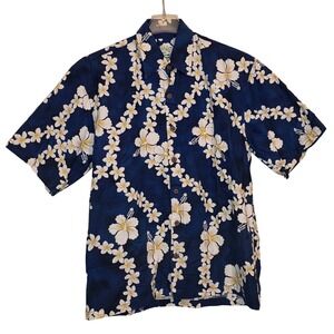 KANE Malia Mens L Hawaiian Aloha Shirt Blue White Floral Cotton Made in Hawaii